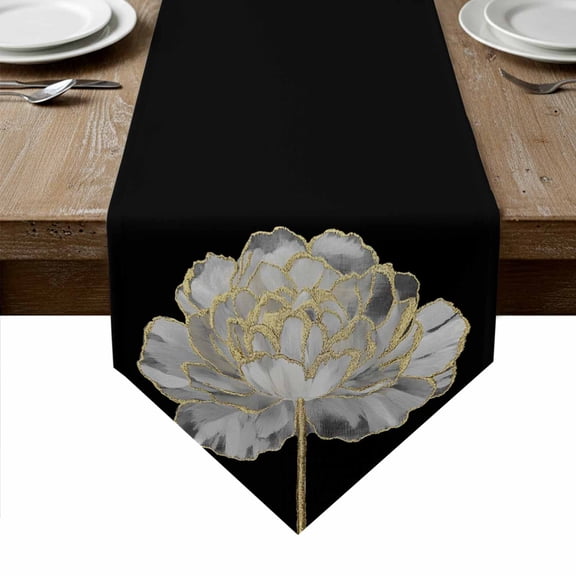 Flower Black Table Runner Linen Burlap Table Runner 72 Inches Long Gold White Abstract Floral Aesthetic Dresser Scarves for Kitchen Island Coffee Dining Room Party Wedding Holiday Decoration 14"x72"