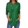 thumbnail image 2 of Xyxonk Shirts for Women Trendy Floral Print Button Down V Neck Shirts Three Quarter Length Holiday T-Shirt Fit Funny Graphic Blouses Womens Tops Outfits Green L, 2 of 5