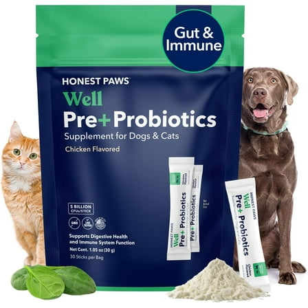 Honest Paws Well Pre  Probiotics Supplement Powders for Dogs, Chicken Flavor, 30 Count Pouch