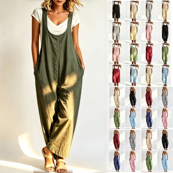 Women's Soft Cotton Loose Fit Wide Leg Jumpsuit With Pockets, Smocked Back Zipper Elastic Waist, Flowy Trendy Tummy Control One Piece, For Work Beach Vacation Travel Casual