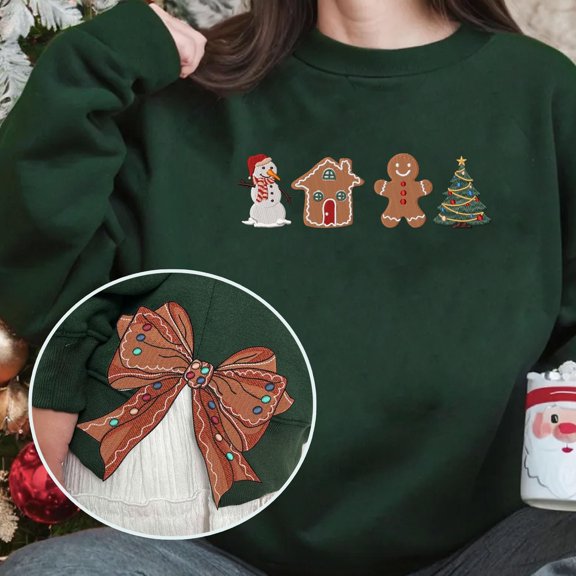Bow Side Cut Christmas Gingerbread Sweatshirt, Cute Gingerbread Cookies Embroidered Sweatshirt, Bow Christmas Sweater, Gift For Christmas