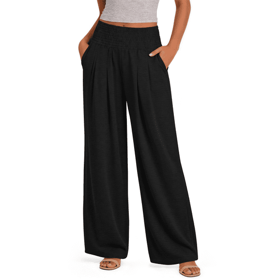 Sundazz Wide Leg Pants for Women Summer Smocked Waisted Palazzo Pants Baggy Flowy Trousers, XS-XL