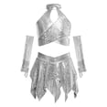 thumbnail image 2 of SiiRoh Girls 3Pcs Hip Hop Street Dance Outfits Cross Keyhole Sequins Metallic Crop Top+Skirt+Gloves Disco Dancewear Silver 12, 2 of 6