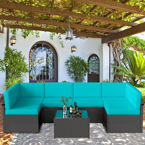 Kinbor 7Pcs Outdoor Patio Furniture Sets PE Wicker Rattan Sectional Sofa Set with Glass-Top Side Table and Washable Couch Cushions, Turquoise