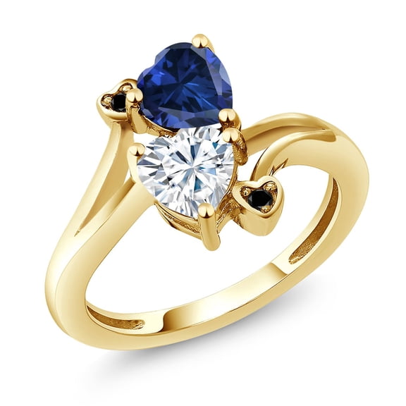 Gem Stone King 18K Yellow Gold Plated Silver Blue Created Sapphire White Moissanite and Black Diamond Ring for Women (1.63 Cttw, Heart Shape 6MM, Gemstone September Birthstone, Size 6)