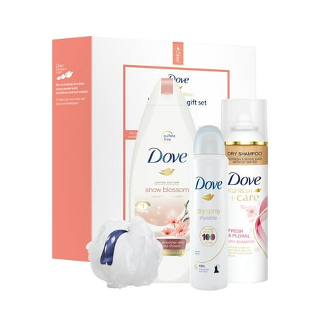 Dove 4-Pc Beauty Lover Gift Set Fresh & Floral Coconut Blossom with BONUS Pouf (Body Wash, Dry Shampoo, Dry Spray)