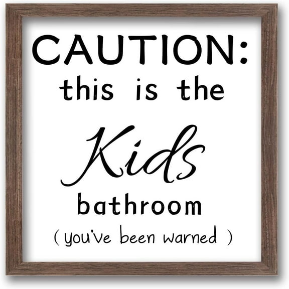 Kids Bathroom Picture Framed Signs-CAUTION:This is The Kids Bathroom You're Been Warned (7x7inch) Solid Wood Photo Frames with Acrylic Sheets & Canvas Liner Painting