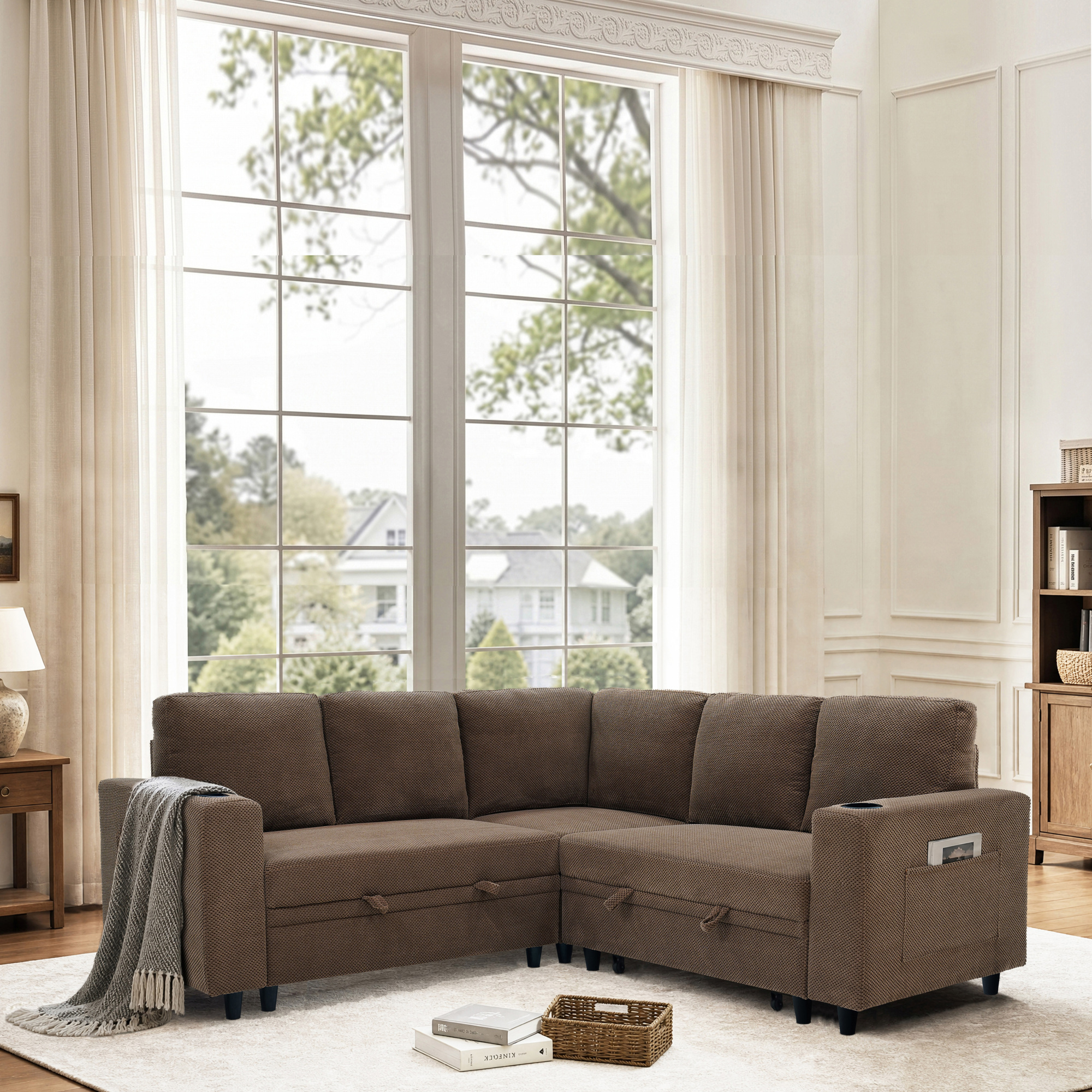 Leumius 76.5" Sectional Sleeper Sofa with Pull Out Bed,Storage Seat & Cup Holders,L-Shape Modern Upholstered Sofa Couch Convertible Corner Couch for Living Room,