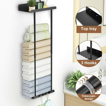 Aovky Towel Racks for Bathroom, Towel Storage Shelf Rack Wall Mounted, Retractable Metal Bath Towel Holder for Rolled Towels with Hooks, Black