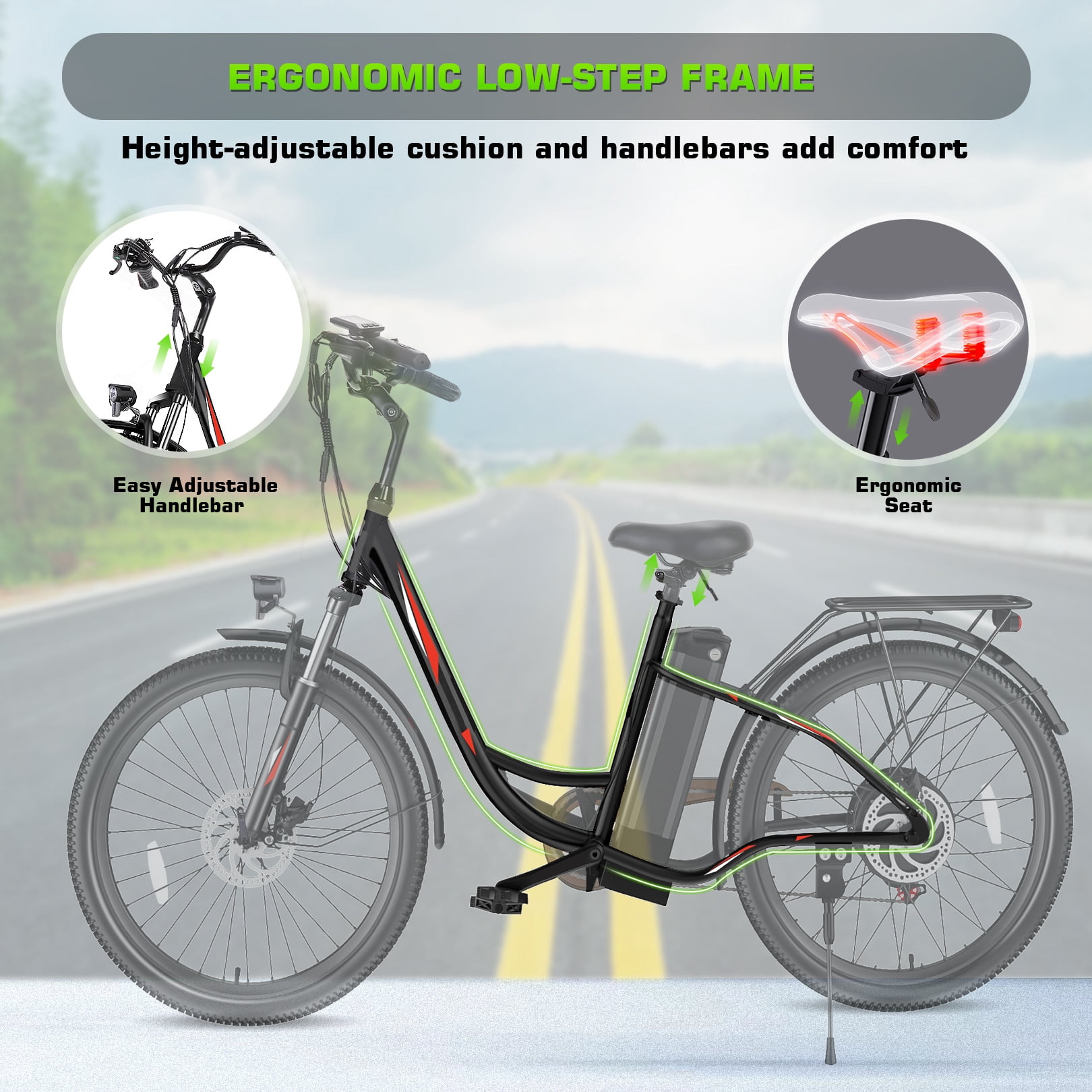 Elifine 26" Electric Bike, 500W Adult Electric City Bike with 48V 7.8Ah 374.4Wh Battery, Low-Step Thru Hybrid Cruiser Electric Bicycle, Shimano 7 Speed Commuter Ebike for Adults Women,5 Modes, UL2849