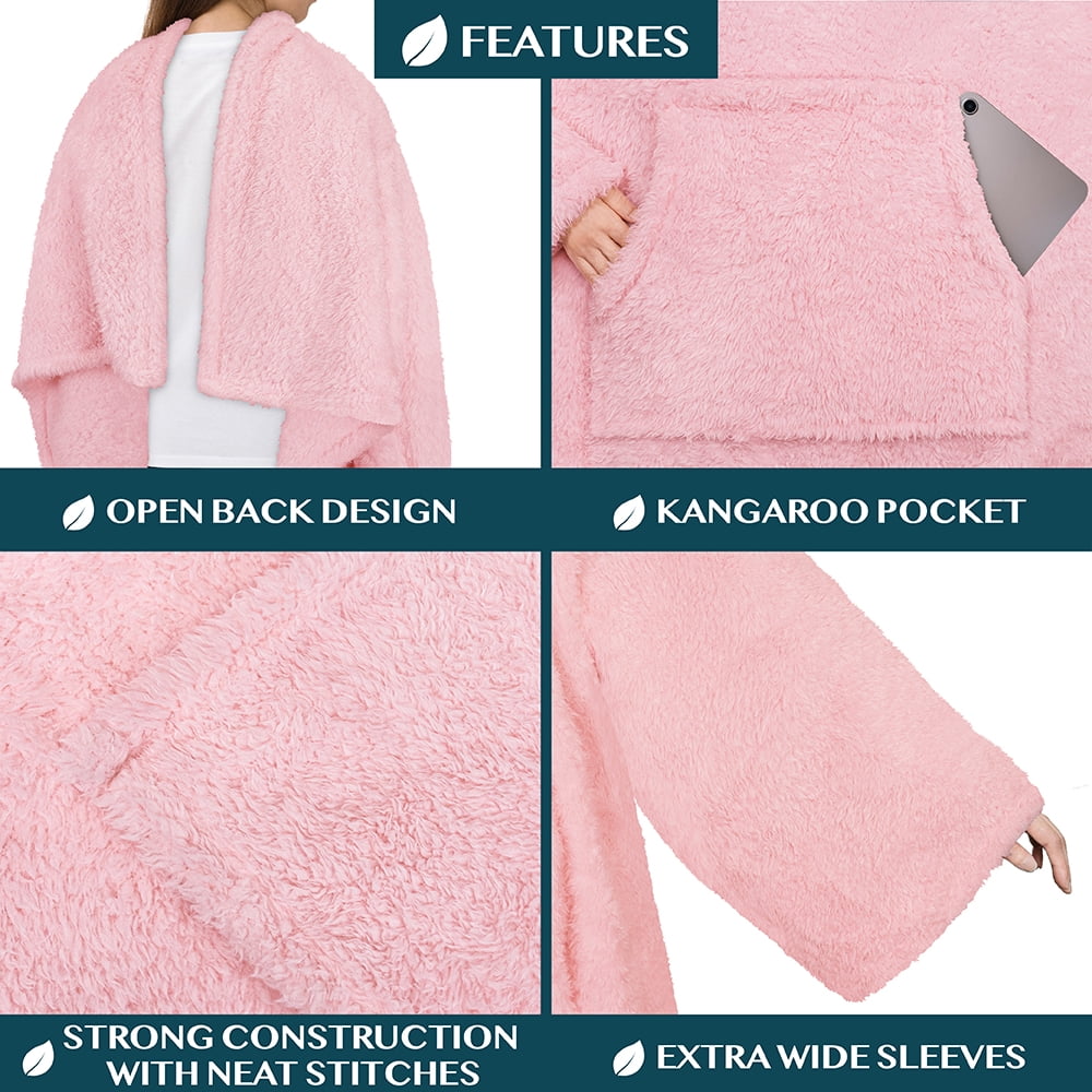 PAVILIA Fluffy Blanket with Sleeves Women Men Adults, Wearable Blanket Plush Soft Fuzzy, Hug Sleep Pod Snuggle Pocket Sleeved TV Throw, Sherpa Fleece Warm Cozy Shaggy Gifts Ideas Mom Wife, Light Pink