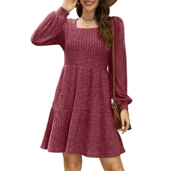 Womens Square Neck Long Sleeve Fall Dresses Casual Babydoll Sweater Dress Rouge M