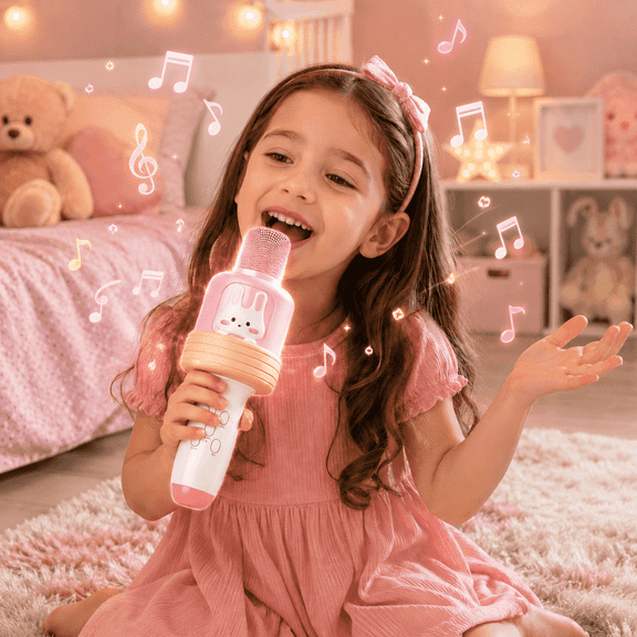 PYROEPLEEA Kids Karaoke Microphone with Bluetooth Speaker, LED Lights & Voice Changer, Portable Singing Toy for Ages 3-12, Pink