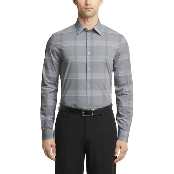 $85 Calvin Klein Men Steel Slim Fit Stretch Gray Check Dress Shirt L 16.5 34/35
