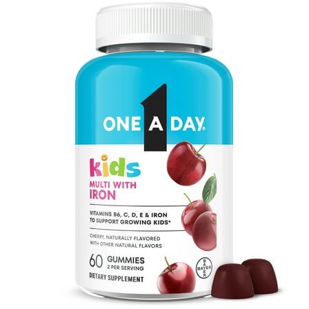 One A Day Kids Multivitamins Gummies with iron, & with Vitamin C, D, E, & Zinc for Immune Support, Cherry Flavor, 60 Count