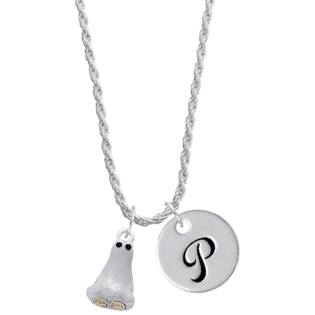 Delight Jewelry Two-tone 3-D Ghost with Black Crystals Silvertone Script Initial Disc - P - Charm Necklace, 20"+3"