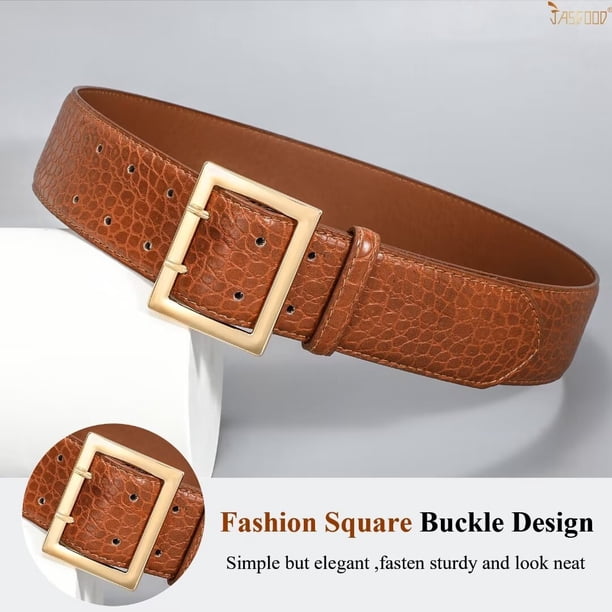 Wide Leather Belt for Dresses Jeans Gold Buckle Ladies Waist Thick Belt JASGOOD Women Wide Leather Belt for Jeans Dress Ladies Waist  main image 4