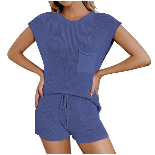 Yuyuzo Womens 2 Piece Summer Outfits Cap Sleeve Crew Neck Tops Drawstring Shorts Casual Lounge Sets