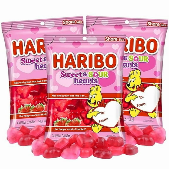 Limited Edition Valentines Sweet and Sour Gummy Hearts, Strawberry Flavored Candies, Party Favor Candy Gifts, 4oz bags - Pack of 3