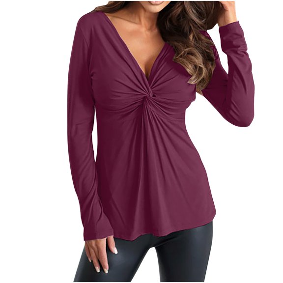 UAMVSH Women's Twist Front V Neck Blouses Long Sleeve Dressy Casual Tunic Tops Fashion Spring Clothes