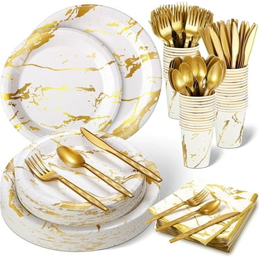 350 Pcs Disposable Dinnerware Set Include 100 Plates Marble Design 50 Paper 9 oz Cups 50 Sets Spoons Forks Knives 50 Napkin for 50 Guests Wedding Bridal Showers Party Supply(White and Gold)