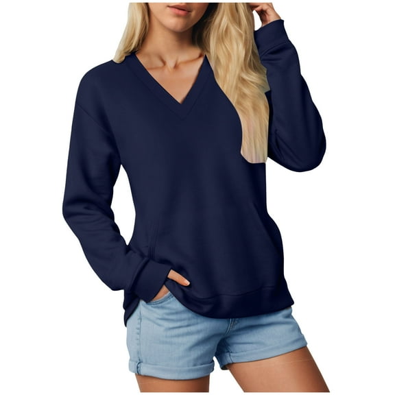 felwors Oversized Sweatshirt for Women Casual V Neck Pullover Sweatshirts Pockets Long Sleeve Tops Fall Outfits Navy, M