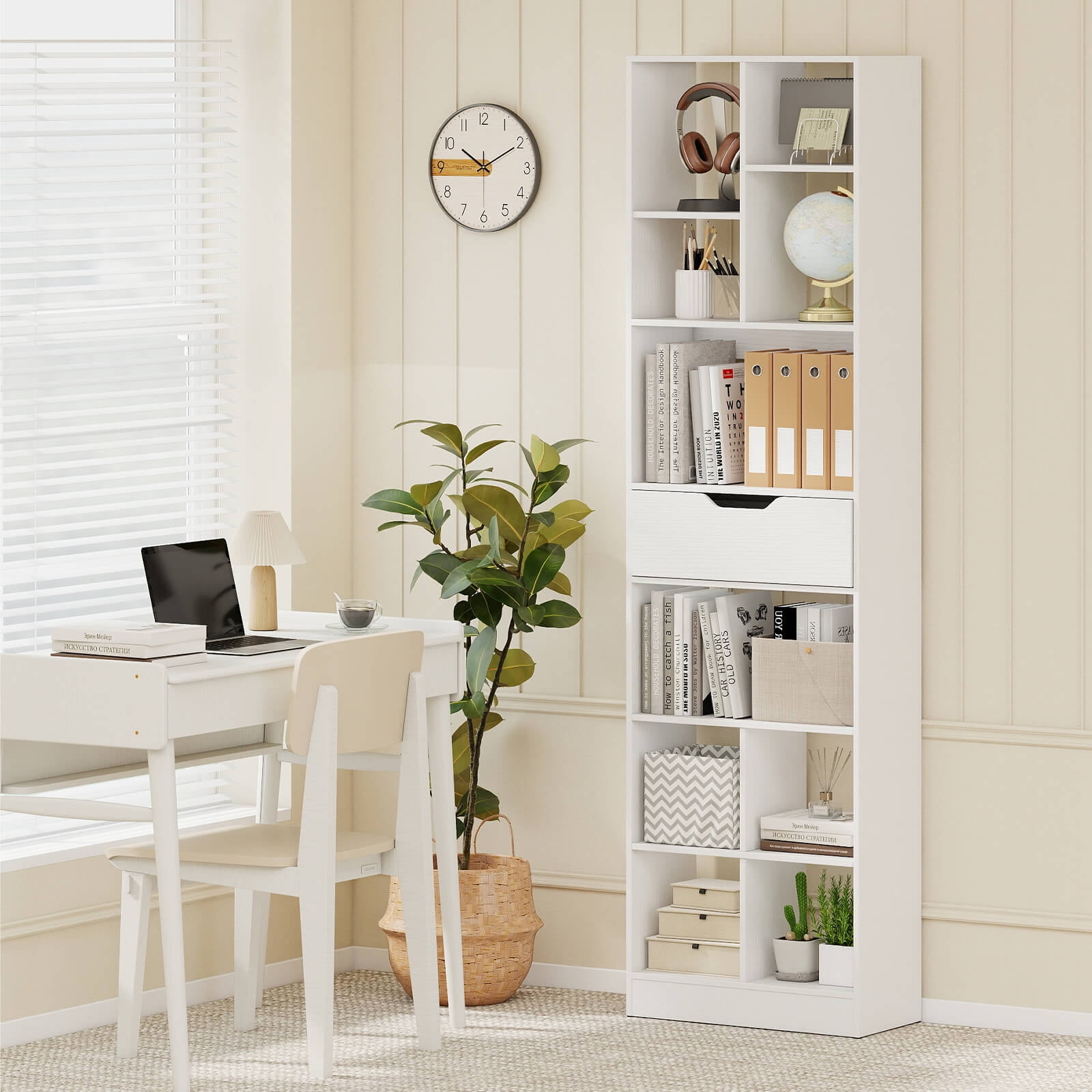 Costway 2 PCS 71”Bookcase with Drawer, 10 Open Cubes, Anti-toppling Kits for Study, Office White