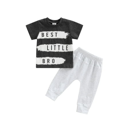 

Bagilaanoe Newborn Baby Boys Summer 2Pcs Long Pants Sets 3-24 Months Black Short Sleeve Letter Print T-shirt Tops + Gray Trousers