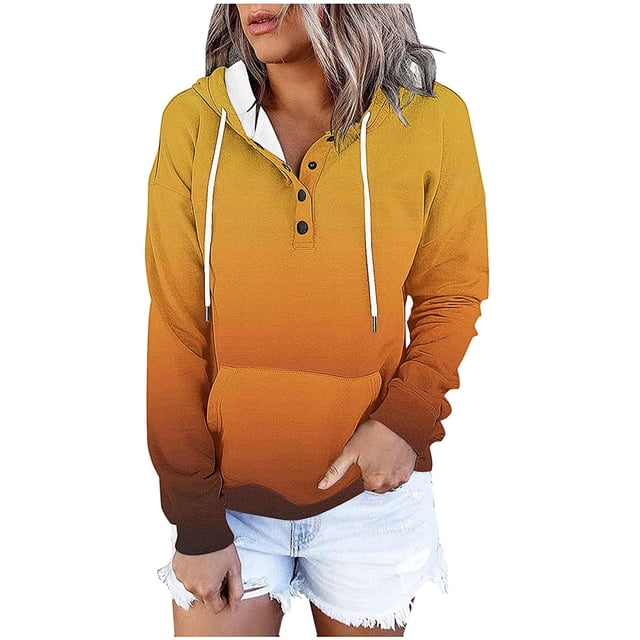 GreatBaby Women's Printed Hat Rope Hooded Pocket Pullover Fashionable Sweatshirts Printed Button Closure for Adjustment Hat Rope Tops(Yellow#1,M)