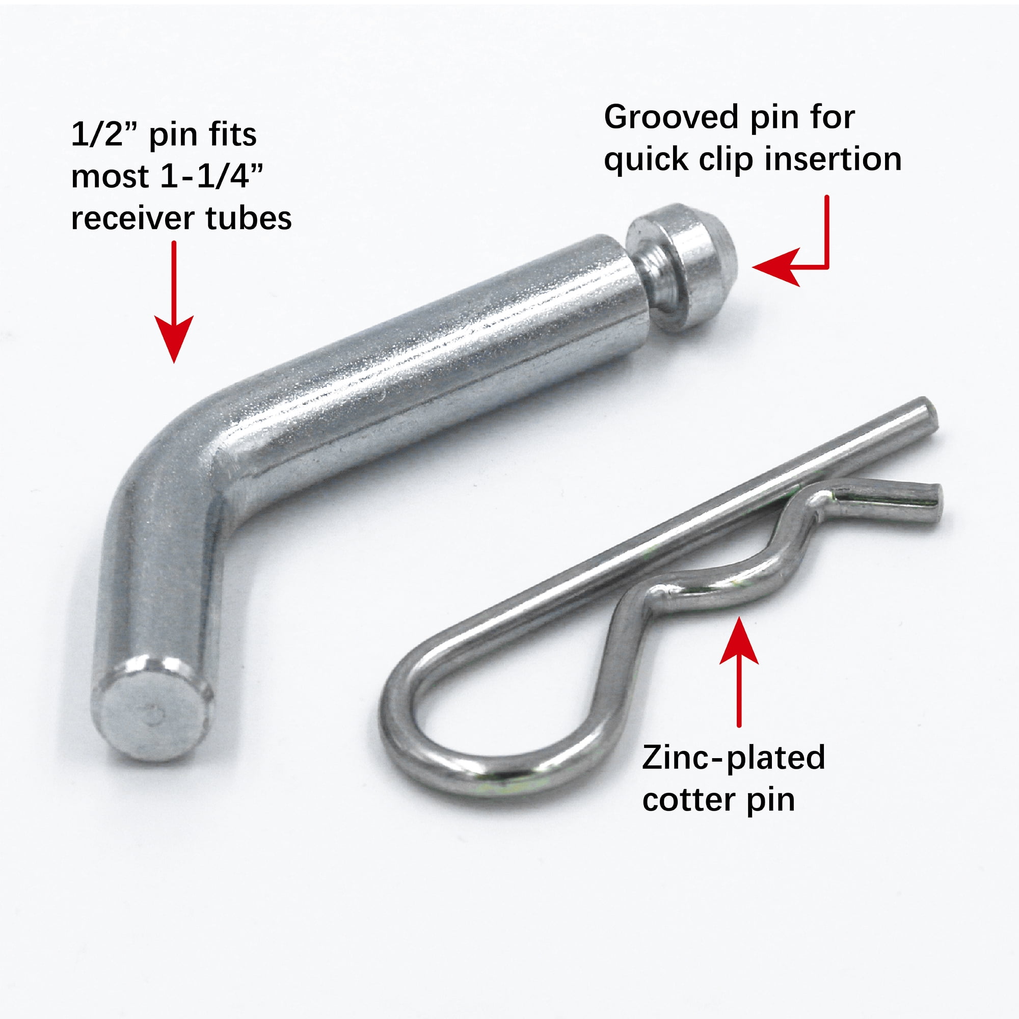 Hyper Tough 1/2 inch Hitch Pin & Clip, Grooved Head, Galvanized, Steel, Class I/II, Fits 1-1/4 inch Receiver