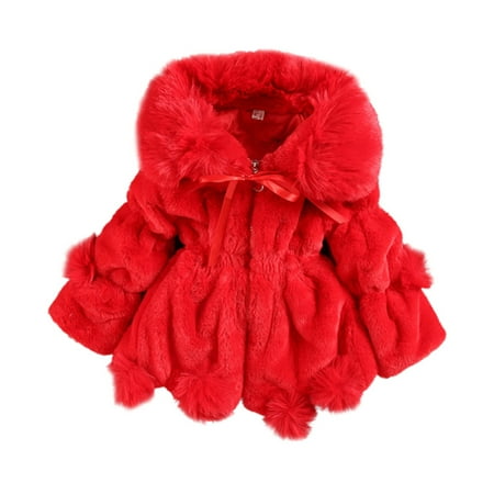 

GYRATEDREAM Infant Toddler Baby Girls Cute Winter Warm Thick Fur Capes Cardigan Cloak Windproof Coat with Bow Pom-Pom Balls for 3Y Red