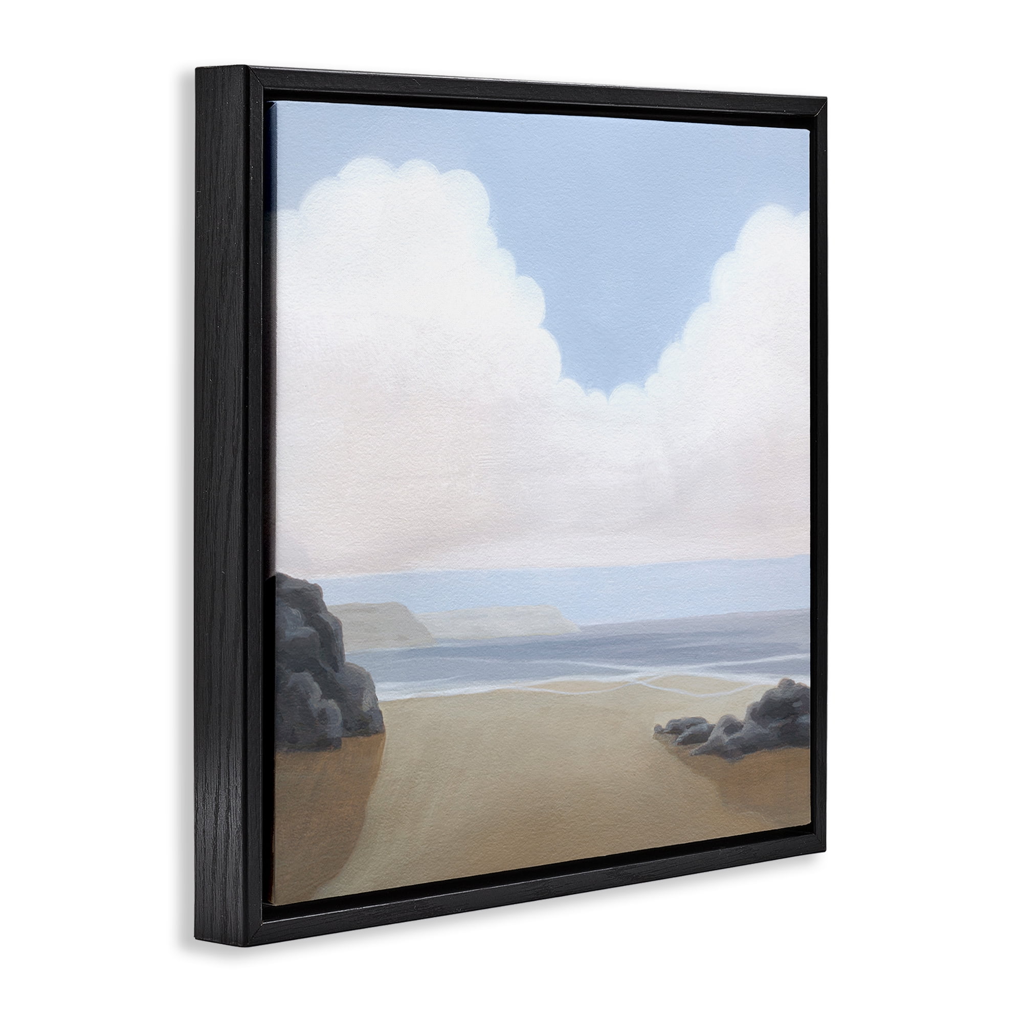Stupell Industries Fluffy Clouds Over Beach Landscape Painting Black Floater Framed Canvas Art Print Wall Art, 18 x 18