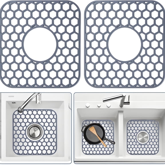 Silicone Sink Protectors for Kitchen Sink, 12" x 11" Mat for bottom of sink, Center Drain Hole, Protect from Stains, Scratches, Dishwasher Safe Grid for Kitchen (2 Pack, Gray)