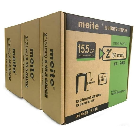 meite 15.5 Gauge Flooring Staples, 2-Inch Length 1/2-Inch Crown Hardwood Collated Galvanized Flooring Staples (5,014 Counts/Box, 3 Boxes)