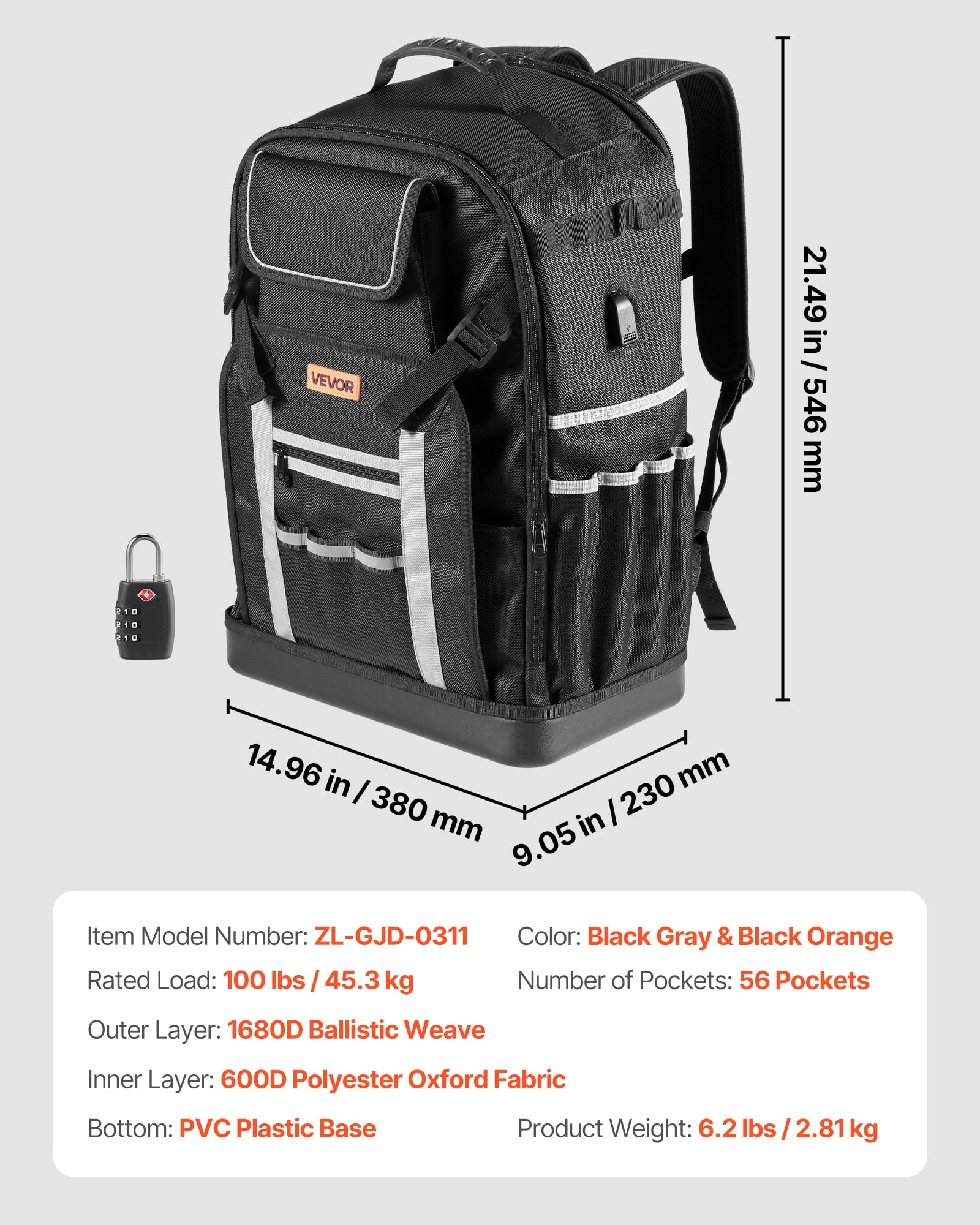 VEVOR Tool Backpack, 56 Pockets, Heavy-duty Tools Storage Organizer Bags with Molded Base, Electrician Jobsite Backpack for Construction Jobsite, Electrician, Industrial, Repairman, and HVAC Techs
