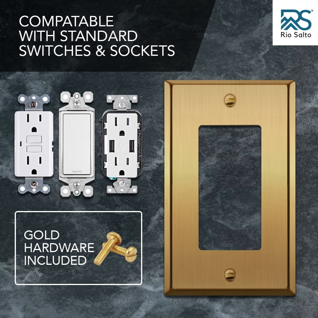 Rio Salto BRASS Signature Collection Metal Rocker Decorator Gold Light Switch Wall Plate or Outlet Cover Wall Plate 5-Pack Single Receptacle Wallplate Covers 1 Gang Receptacle Standard Size