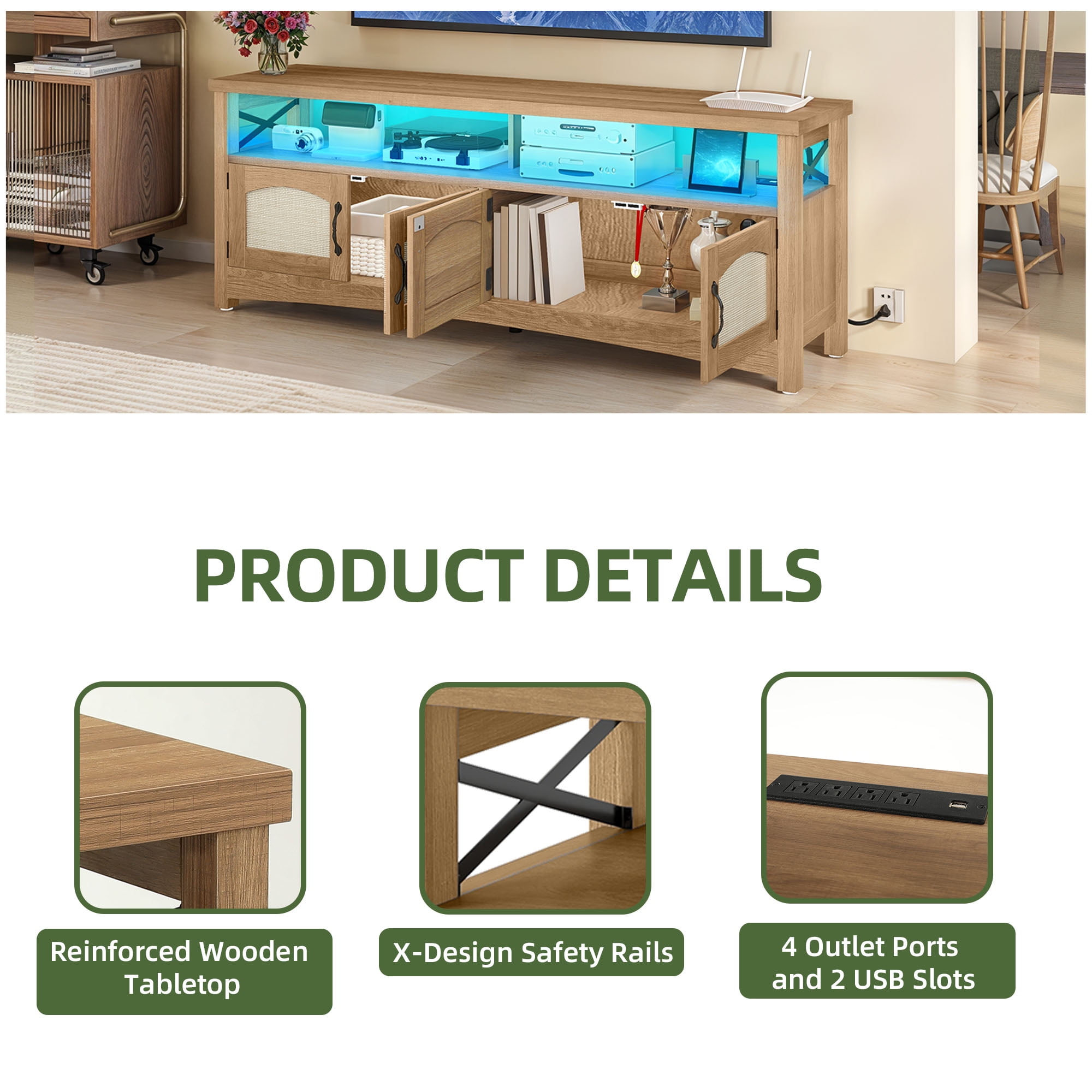 Uforic Farmhouse TV Stand for 65 inch TV, Entertainment Center with LED Light, TV Media Console Cabinet, 59" Oak