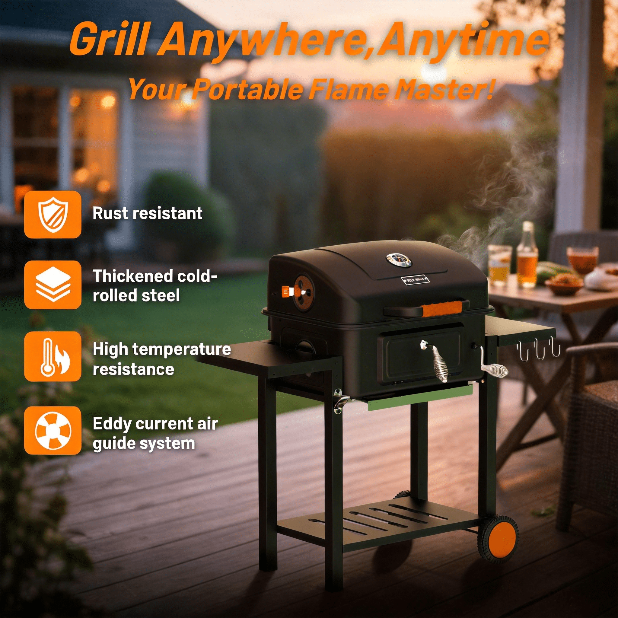 KEYO GRILL Large Charcoal Grill with Foldable Side Tables,Height-Adjustable Pan&Charcoal Door for Backyard,Black