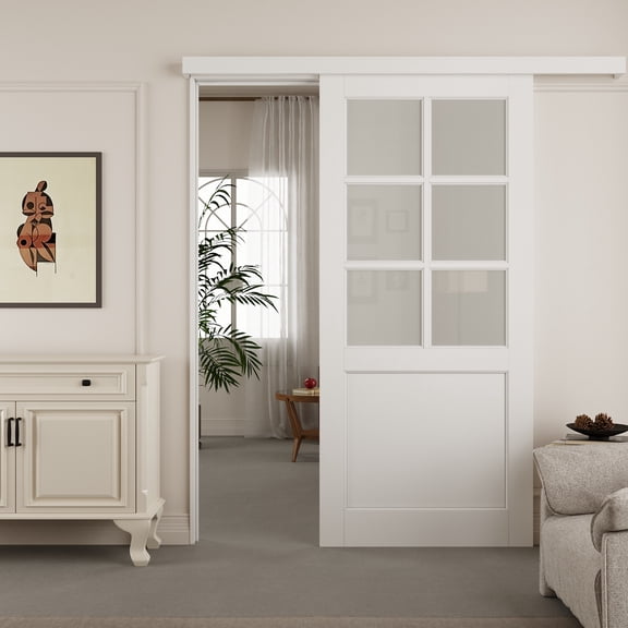 36" x 80" Ready-To-Install White Primed 6-Lite Frosted Glass Barn Door With Hidden Track Installation Hardware Kit