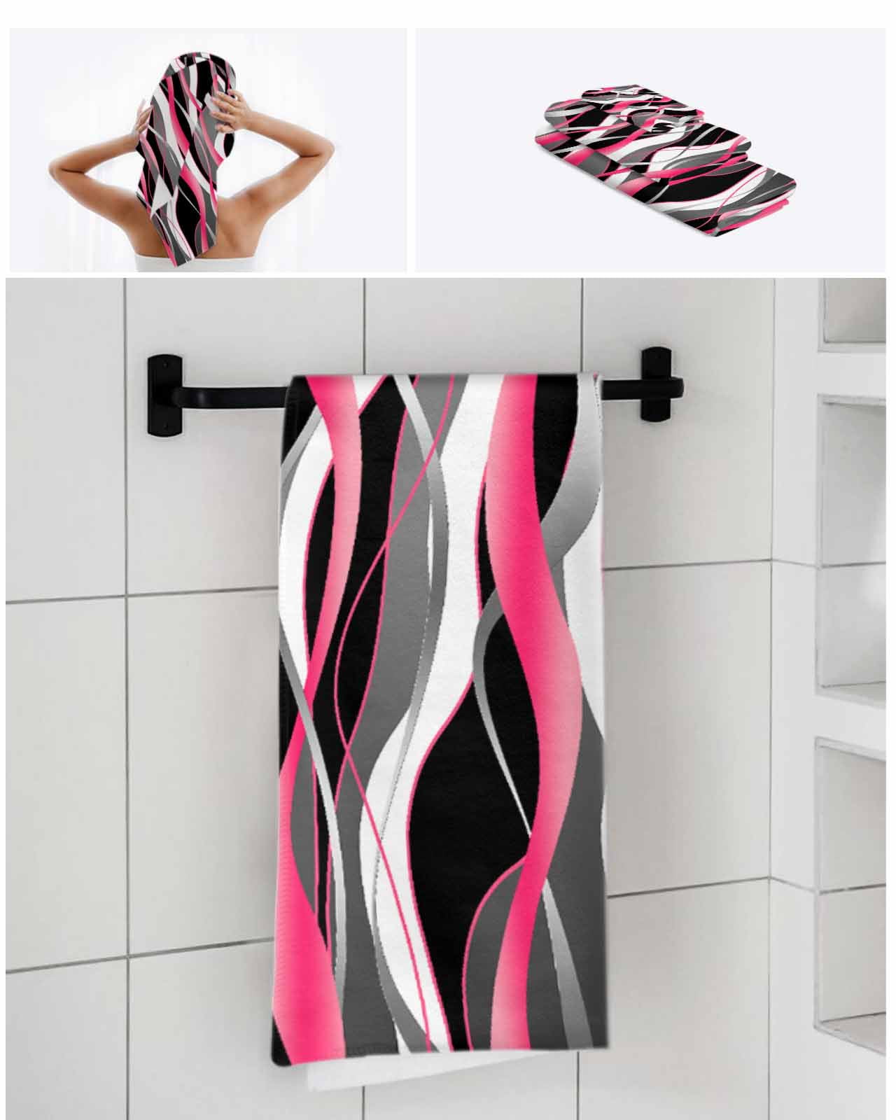 Pink Stripe Bath Towels for Bathroom Set,Luxury Microfiber Towels Gifts for Women,Beach Kitchen Hand Hair Face Towel and Dish Washcloth,Gradient Grey Moire Geometric Modern Abstract Towels+Set