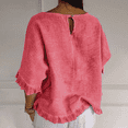 thumbnail image 4 of Women Summer Cotton Linen T Shirts Solid Cotton and Linen Ruffle Pleated Hem Tops Half Sleeve Round Neck Casual Shirt Comfortable Shirts, 4 of 5