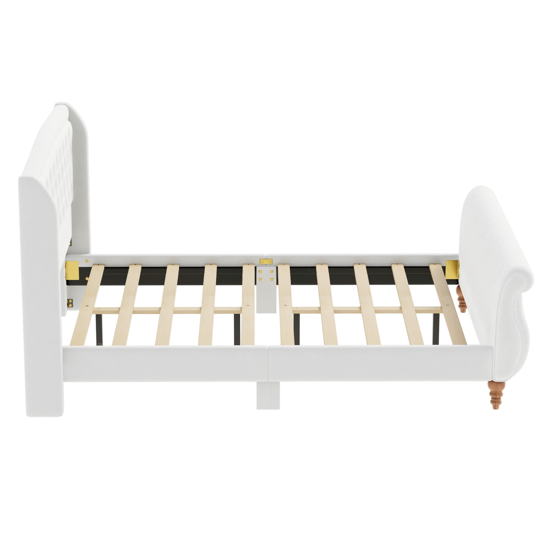 GDF Studio Orlan Queen Size Velvet Upholstered Sleigh Platform Bed Frame with Wood Slat Support, Modern Design, Beige White