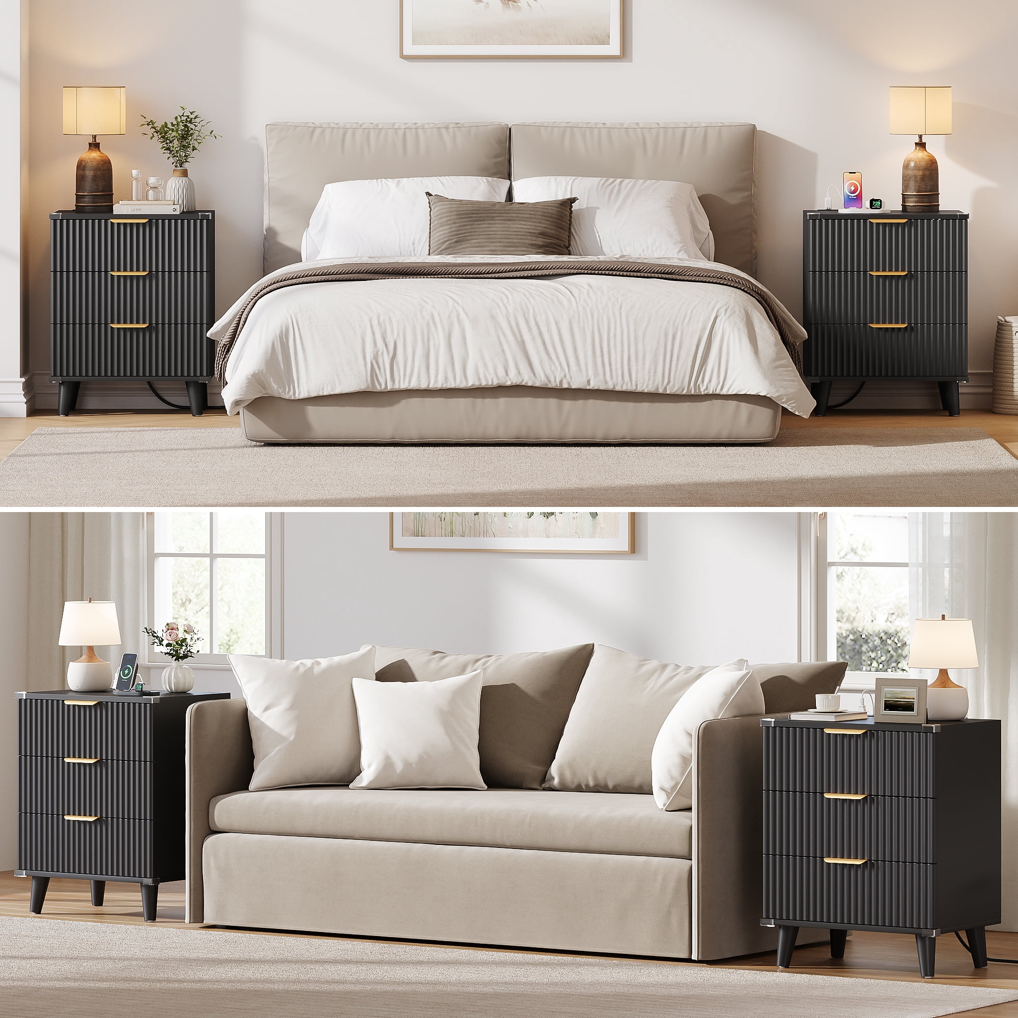 Aufeile Nightstand&nbsp;with Charging Station, 3 Drawer&nbsp;Nightstand for Bedroom, Fluted&nbsp;Bedside Table&nbsp;with USB Ports, Modern Wood&nbsp;Bedroom Side Table&nbsp;with Drawers, Black
