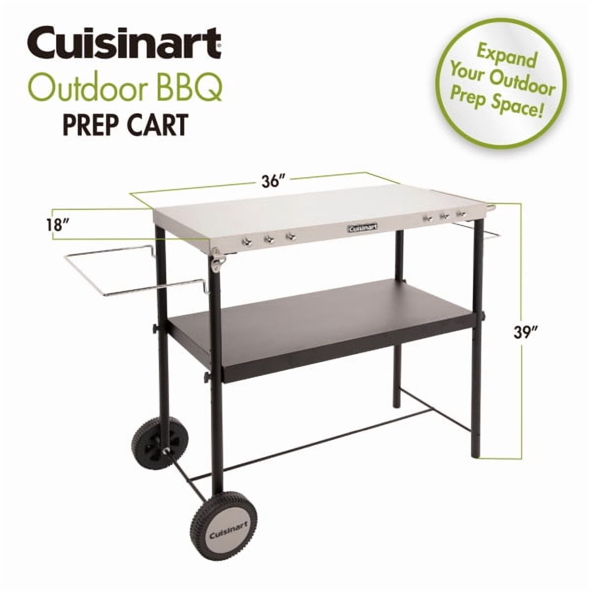 Cuisinart Outdoor BBQ Prep Cart, Stainless Steel Portable Grill Table with Wheels, Grill Cart with Adjustable Storage Shelf, Tool Hooks, Trash Bag & Paper Towel Holder