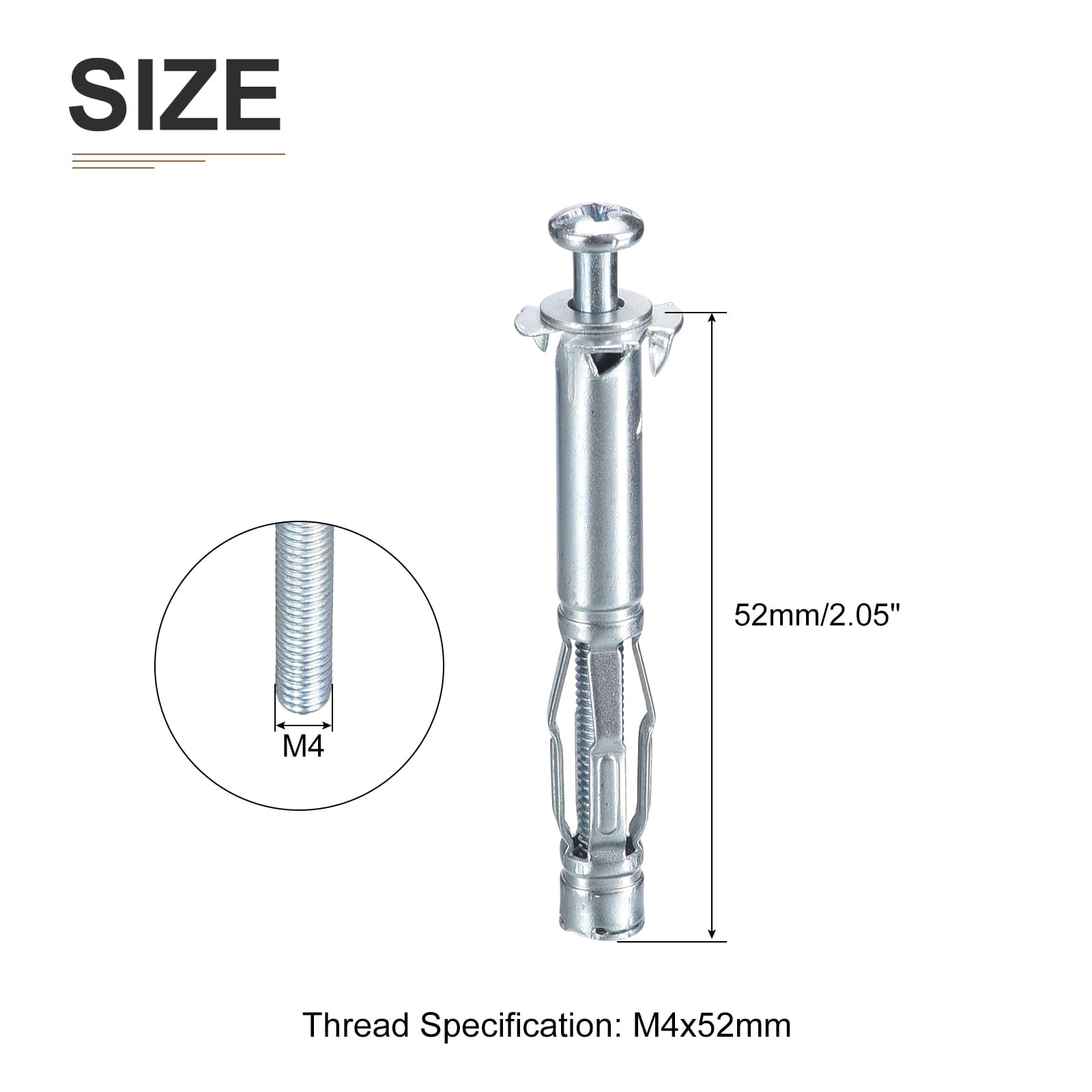 M4x52mm Hollow Wall Anchors - 5 Pack - Good for Hollow Wall Plaster Walls - Carbon Steel Hollow Drywall Anchors Screws, Silver