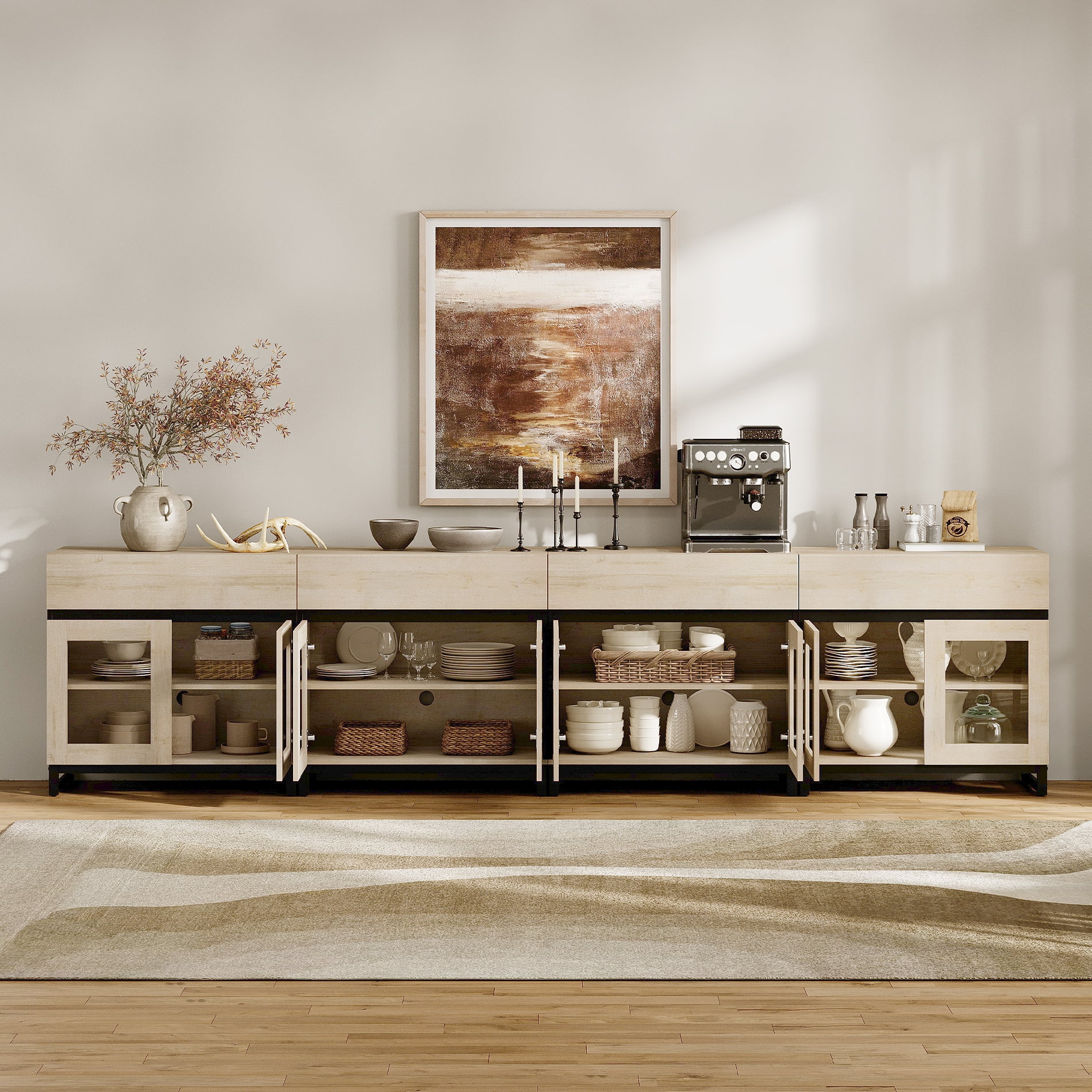 WAMPAT 4-in-1 Multifunctional Modern Sideboard Buffet Cabinet with 8 Glass Doors & 4 Drawers, Metal Base Credenza & Coffee Bar Storage Cabinet for Living Room & Kitchen