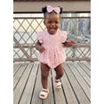 thumbnail image 4 of BemeyourBBs Newborn Baby Girl Summer Clothes Smocked Bubble Romper Cotton Linen Outfits Cherry Floral Print Crew Neck Flying Sleeve Bodysuit and Bow Headband 2 Pcs Set, 4 of 9