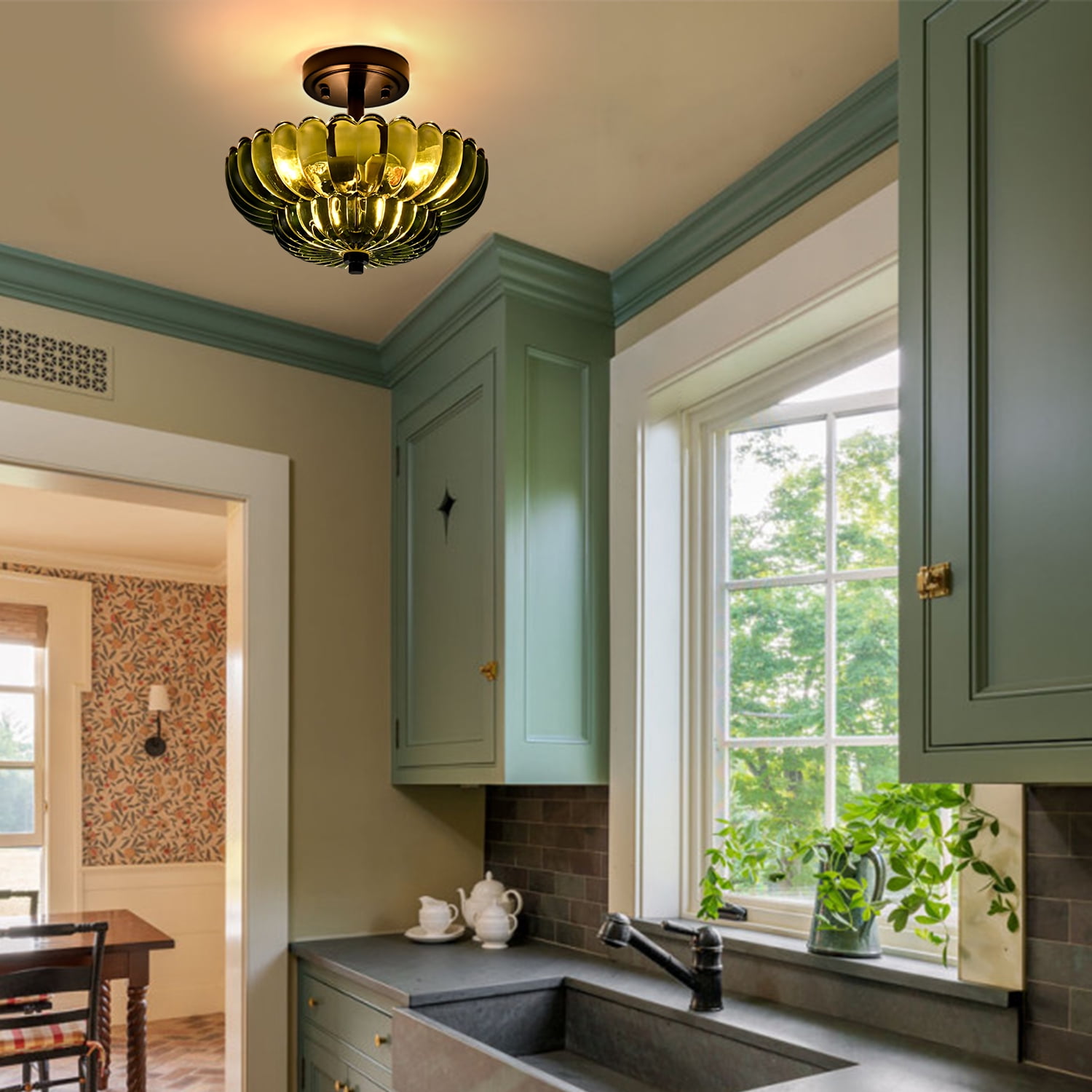 Como 3-Light Modern Black Semi Flush Mount Ceiling Light with Scalloped Green Glass Shade