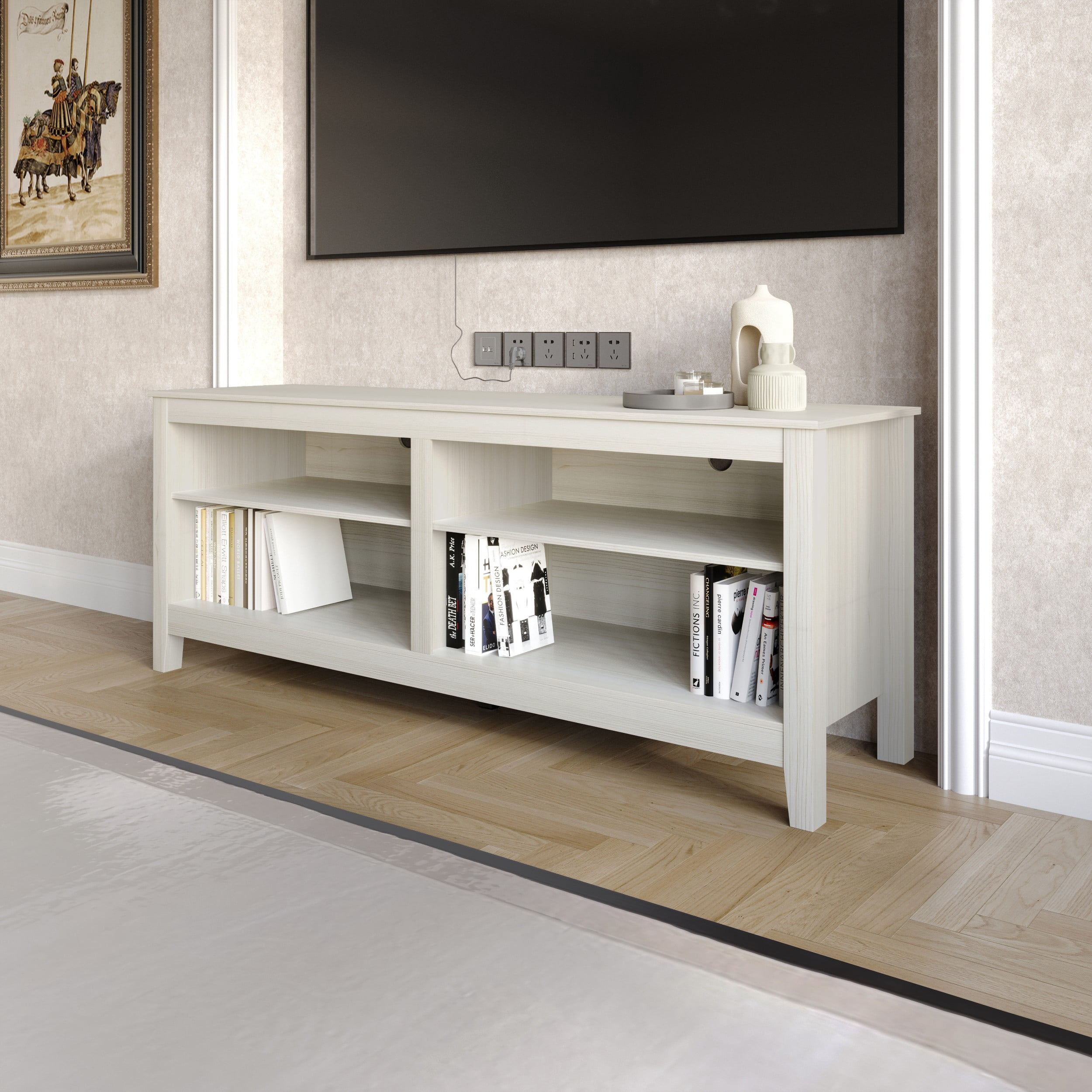 Home Design Kittery TV Stand with Open Shelves and Cable Management, Sturdy Legs, Modern Design for Living Room, Light Gray Finish
