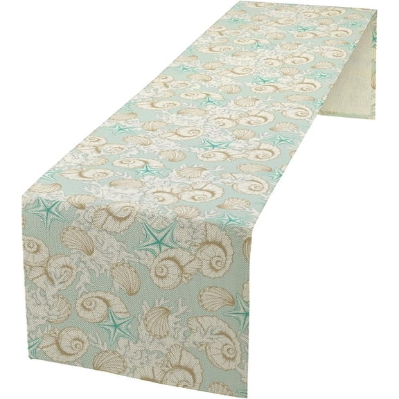 Sea Shell Starfish Table Runner Rustic Coral Starfish and Conch Pattern Table Runner Table Cloth Decoration Dresser Garden Farmhouse Wedding Party Vacation Dinner Home 13x36 inches